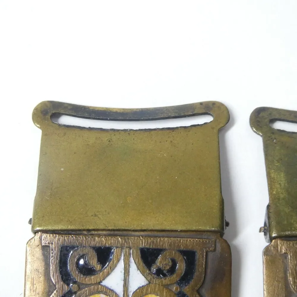 Enameled Brass Buckles Pair Black White Yellow Art Deco Vintage
